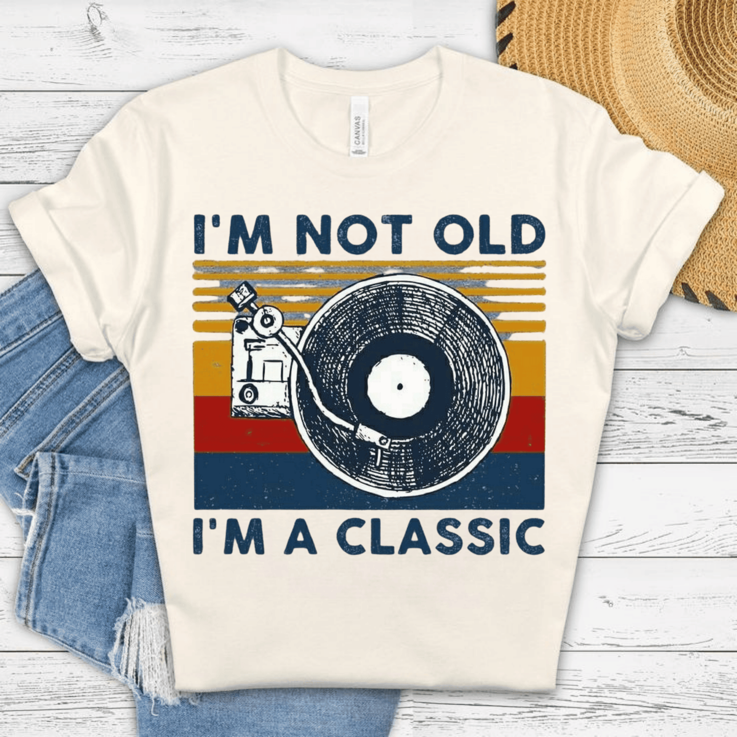 Unisex heavy cotton tee with "I'm Not Old, I'm A Classic" retro vinyl record design.