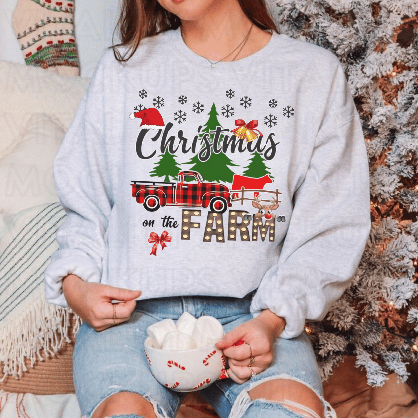 Christmas on the Farm sweatshirt featuring festive farm design, ideal for holiday gatherings, cozy and rustic Christmas vibes.