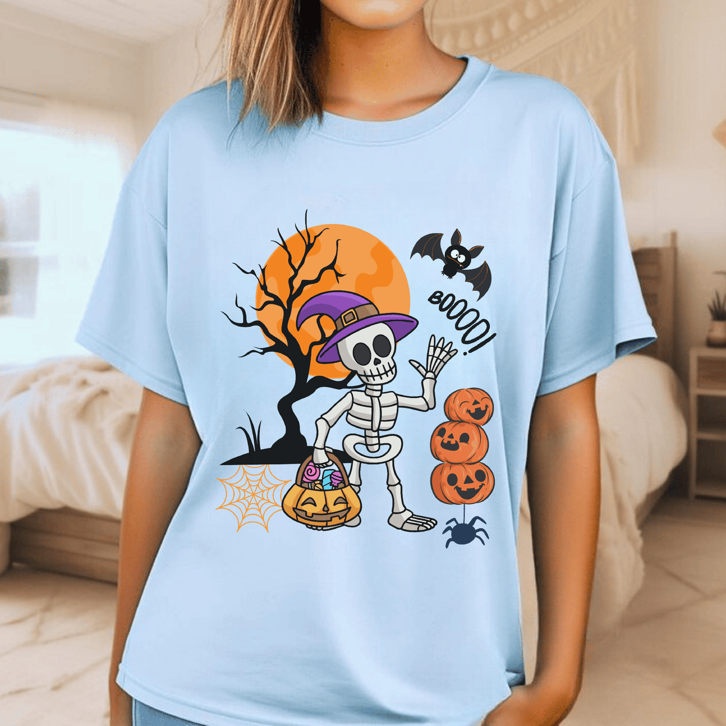 Halloween Skeleton Shirt with Skull and Pumpkin Design, Unisex Cotton Tee