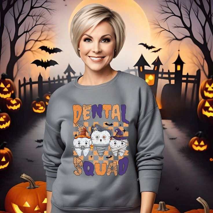Dental Squad Sweatshirt with Halloween-themed design.