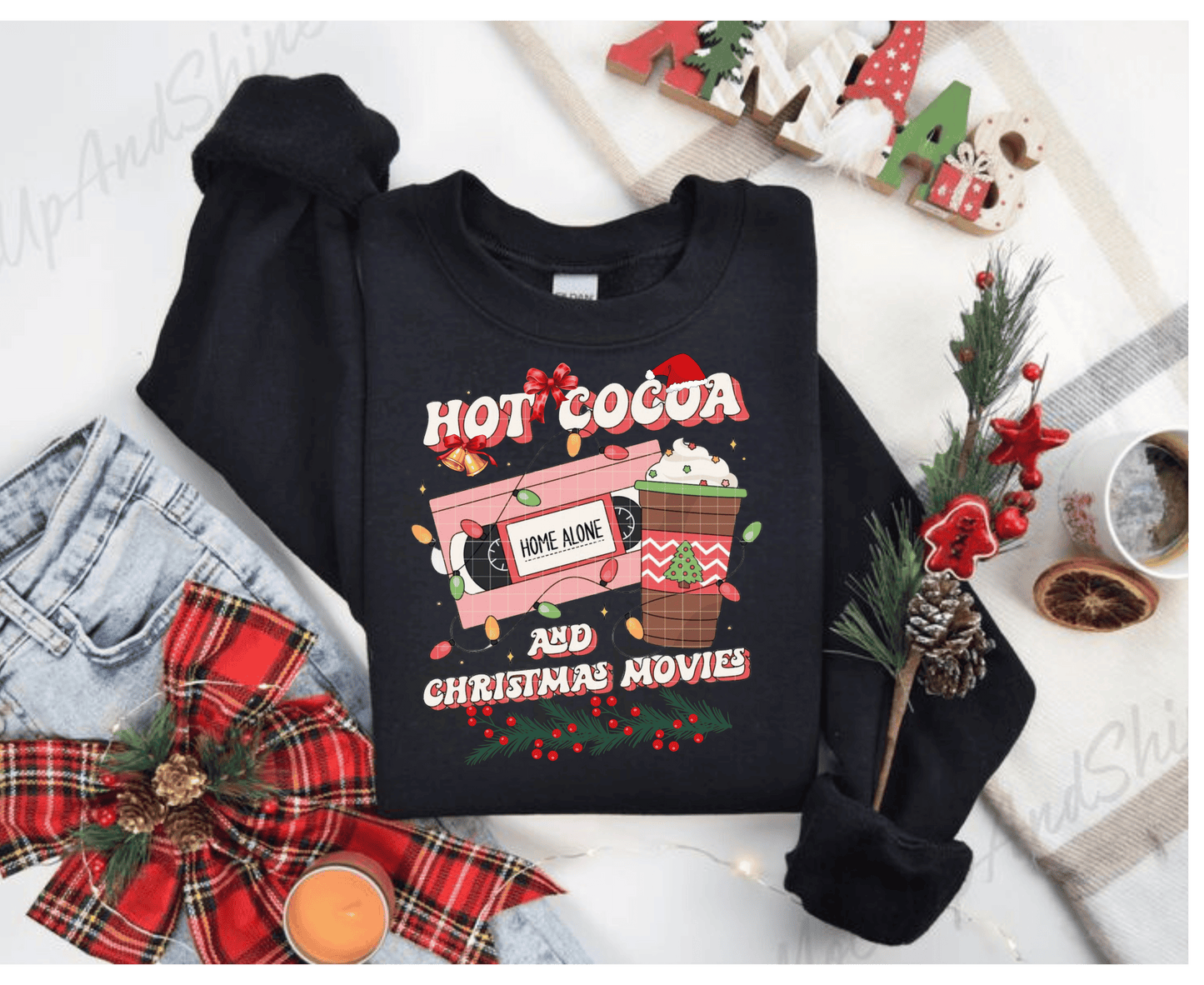 Hot Cocoa and Christmas Movies sweatshirt with festive design, ideal winter gift.