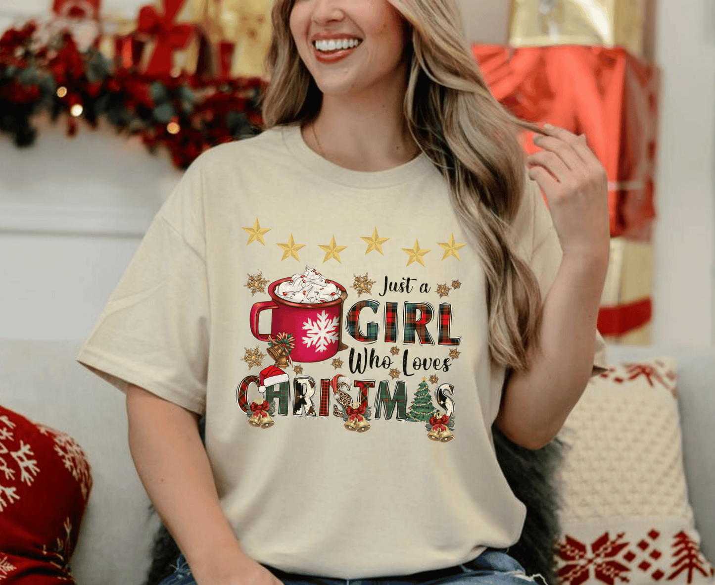 Women's t-shirt with "Just A Girl Who Loves Christmas" design, featuring holiday graphics, perfect Christmas gift for women.