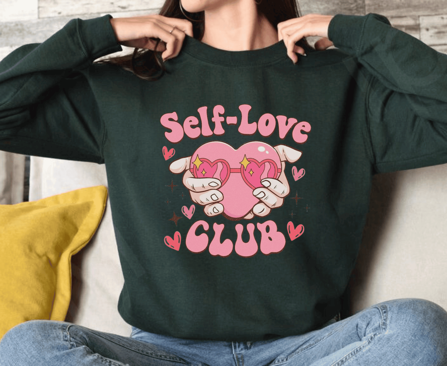 Self Love Club Retro Sweatshirt with heart graphic, funny Valentine's Day gift.