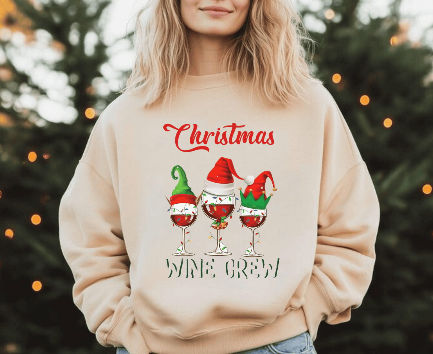 Christmas Wine Crew Sweatshirt with festive wine glasses design, perfect gift for wine lovers.