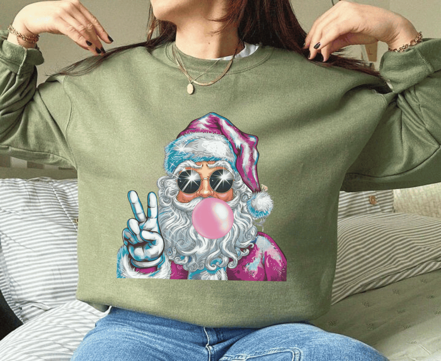 Santa Bubble Gum Christmas Sweatshirt featuring playful Santa design with peace sign and bubble gum.