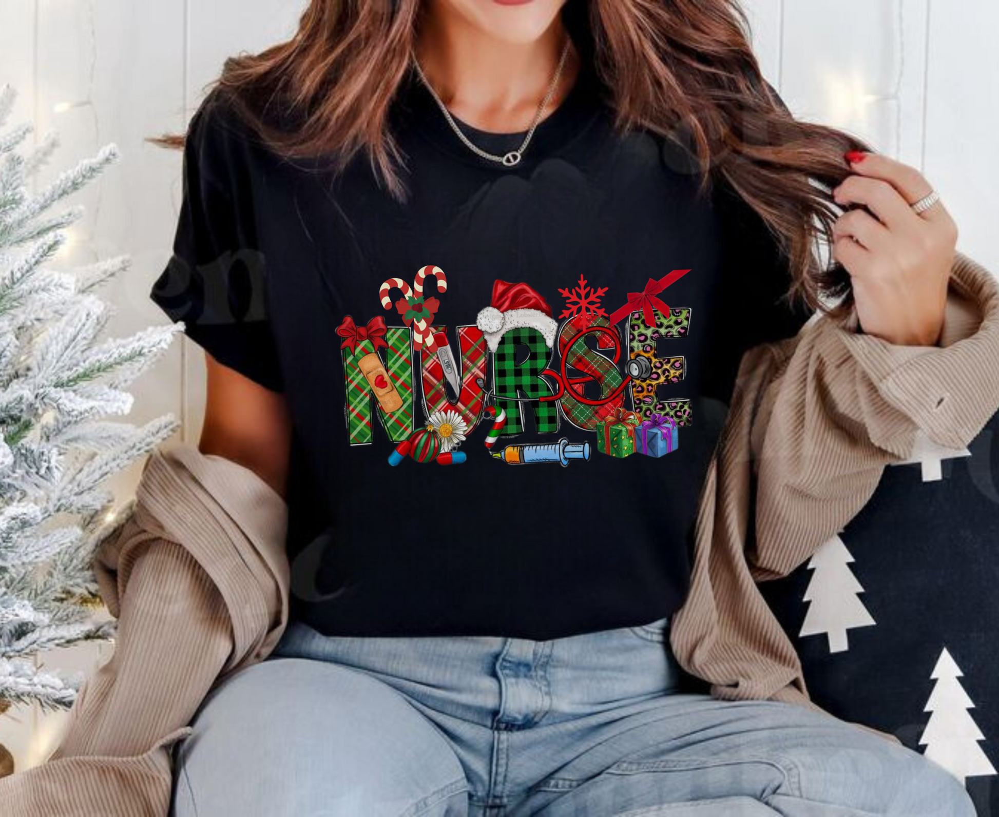 Christmas nurse shirt with festive design, perfect nurse gift for women during the holiday season.