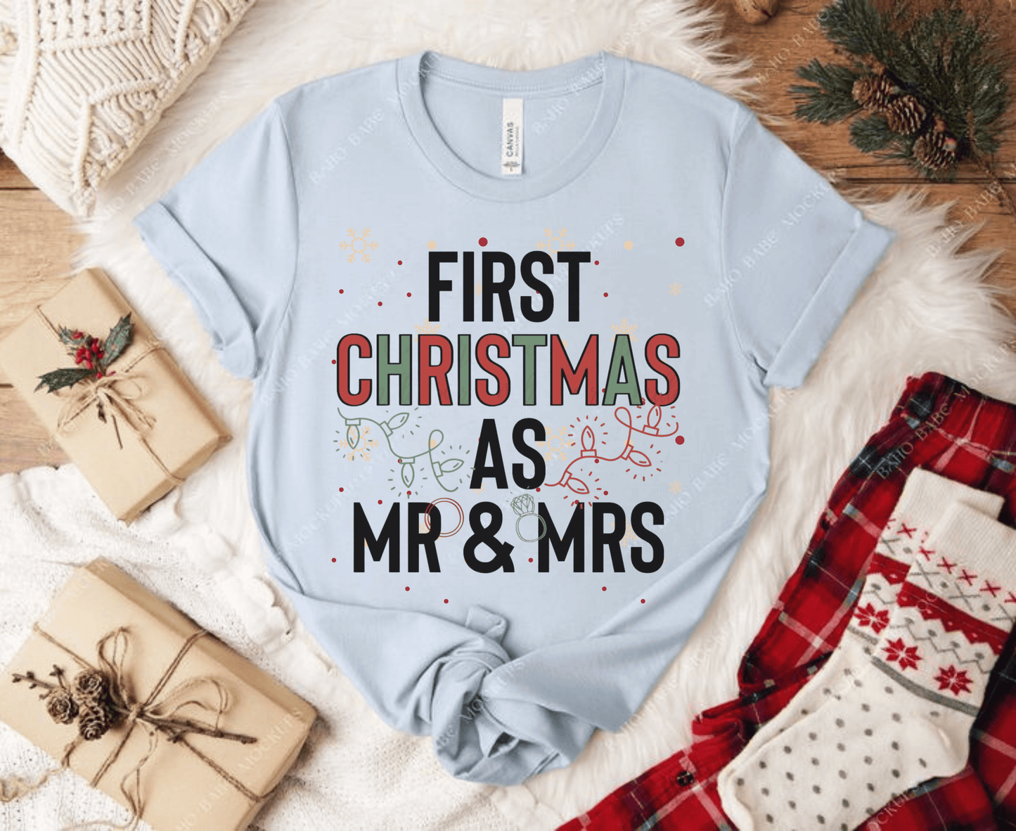 First Christmas as Mr and Mrs shirt, couple celebrating holiday milestone, festive gift.