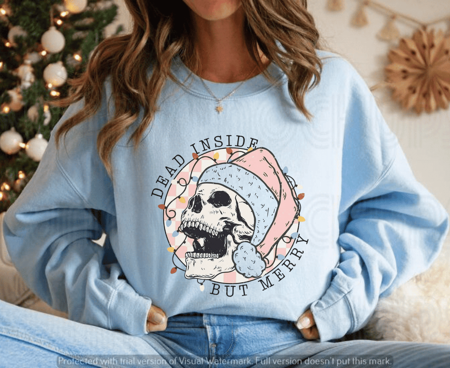 Dead Inside Skeleton Christmas Sweatshirt with holiday skeleton design, cozy winter wear.