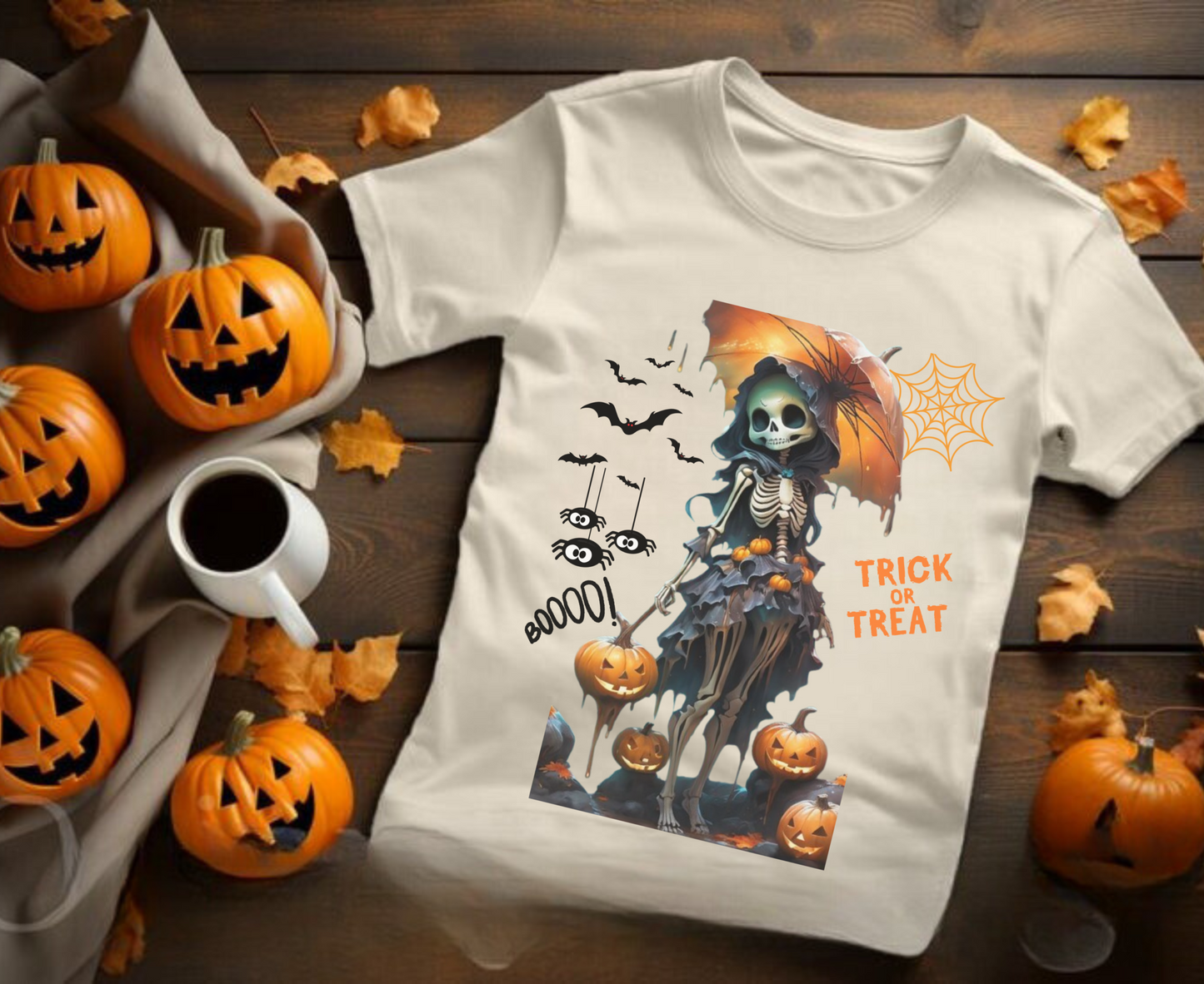Girl Skeleton Shirt for Halloween with cute skeleton and pumpkin design.