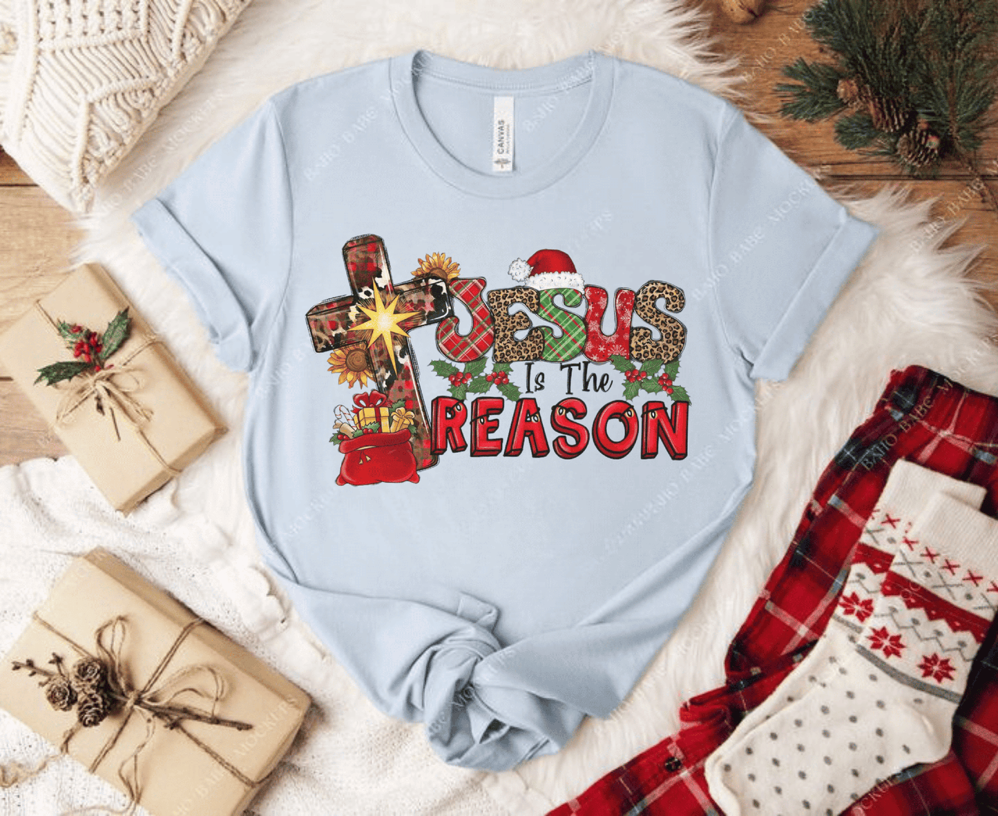 Jesus Is The Reason Shirt, Religious Christmas Gift, festive t-shirt with cross and holiday decorations.