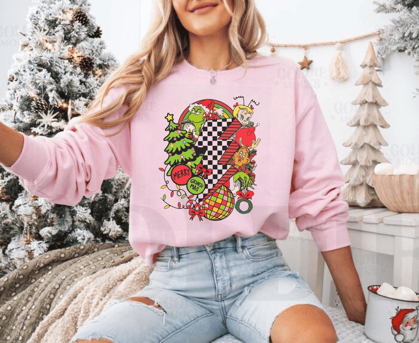 Merry Grinchmas Sweatshirt with festive disco design, perfect Christmas gift.