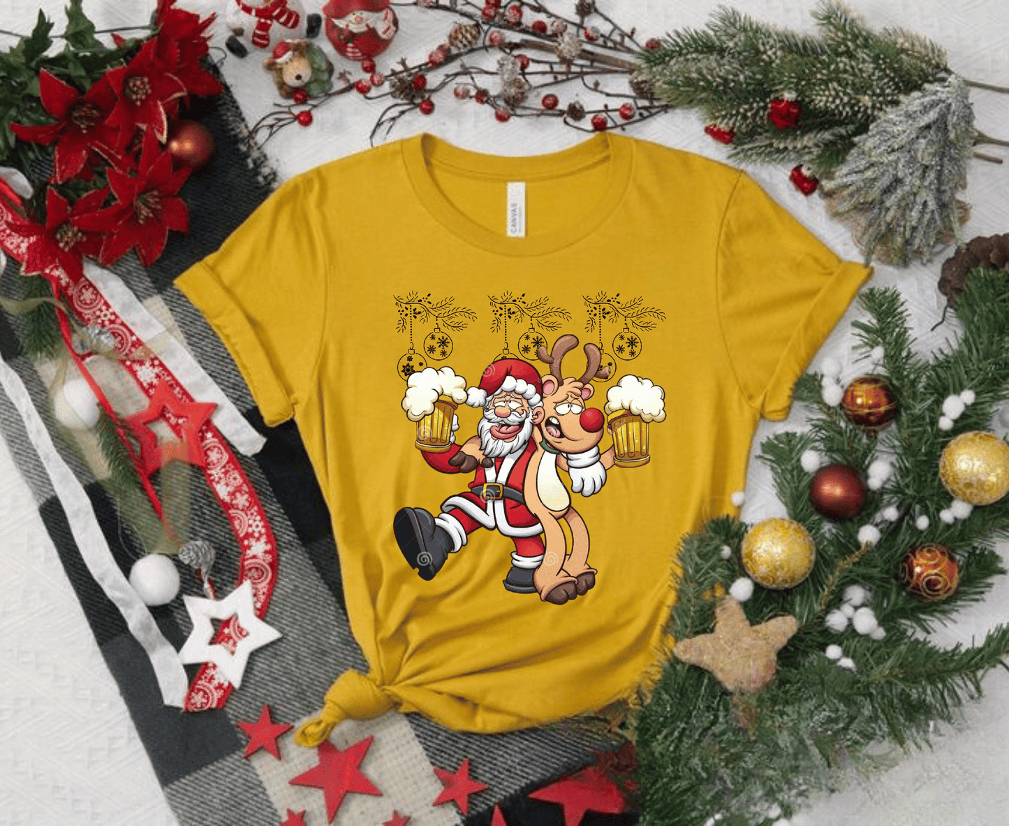 Funny Beer Santa Christmas Shirt with Santa and Rudolf holding beer mugs, festive holiday gift.