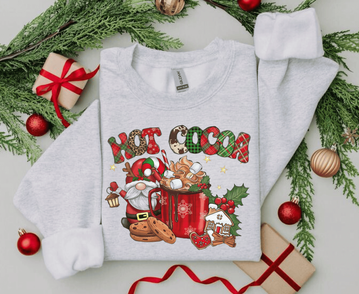 Hot Cocoa Christmas Movies Sweatshirt with festive design, perfect Gnome Christmas gift.