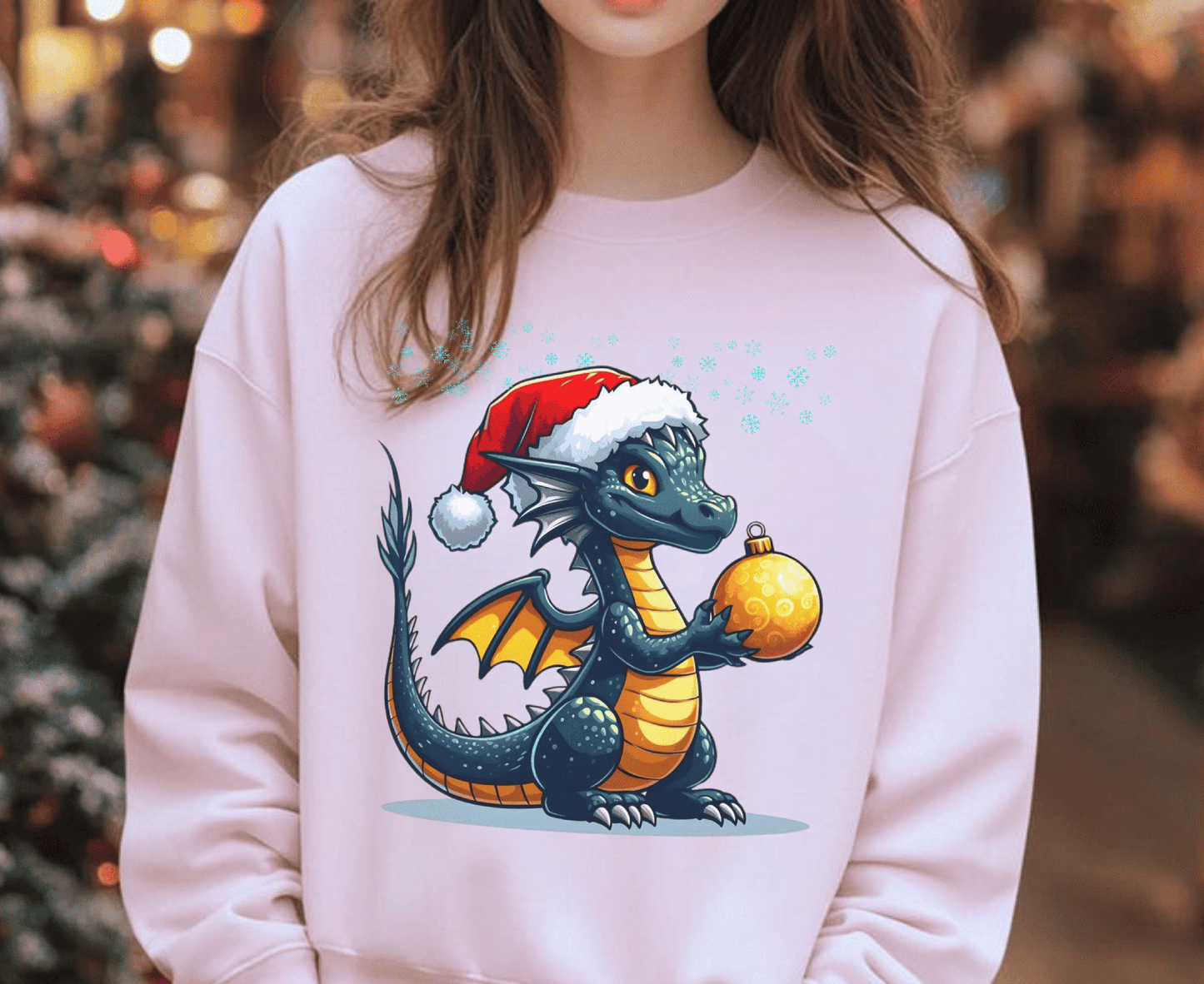 Dinosaur Christmas sweatshirt with festive dino in Santa hat holding an ornament, perfect funny Christmas gift.