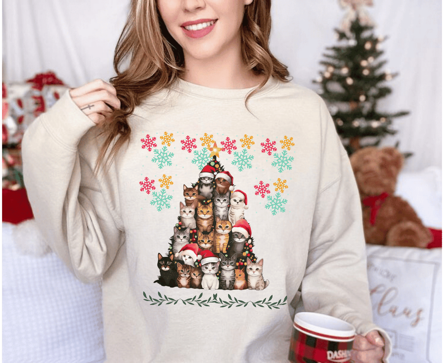 Funny Cats Christmas Sweatshirt with festive cat print, perfect cat lover gift.