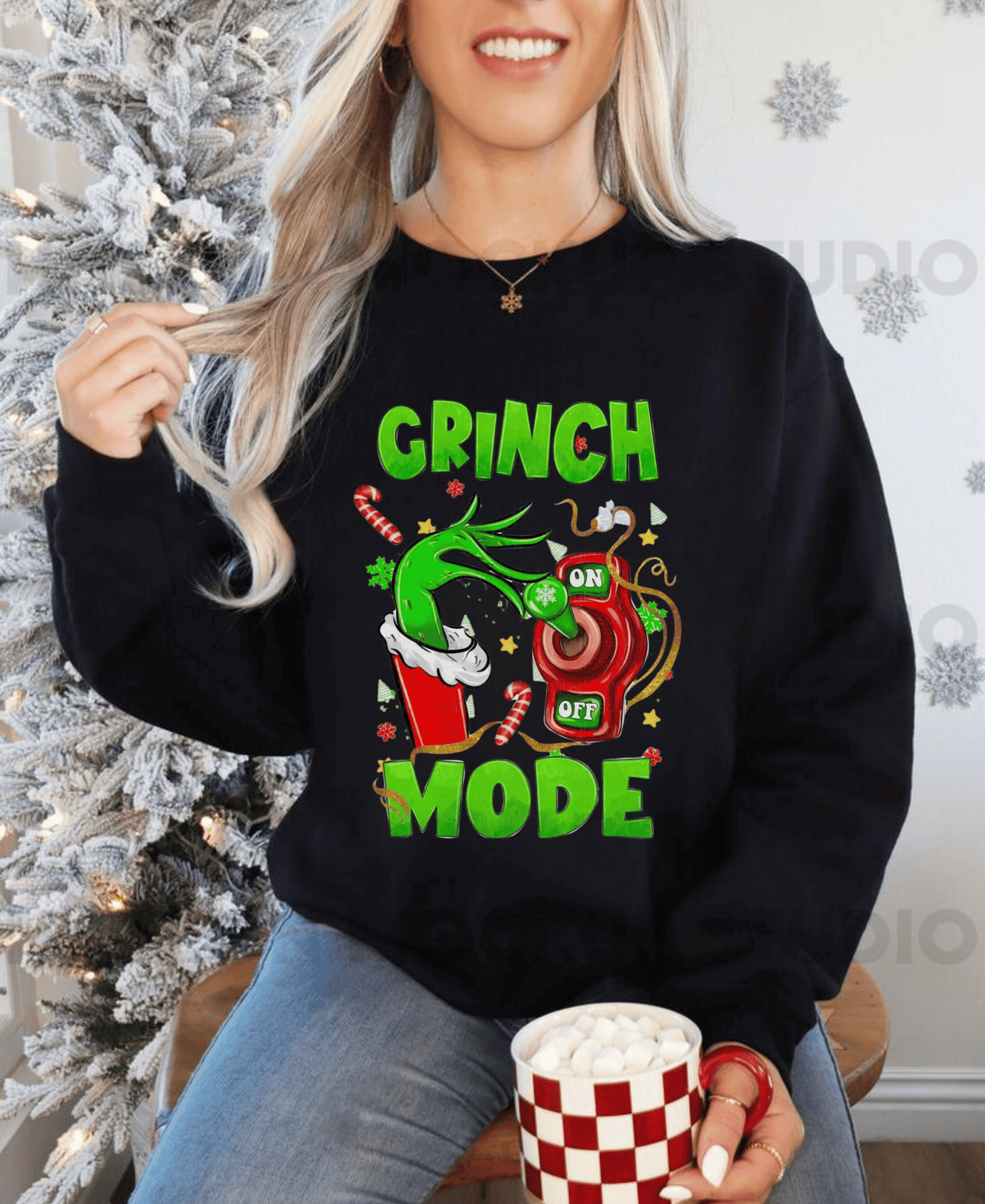 Grinch Mode On Christmas Sweatshirt with festive design, perfect funny Grinch gift.