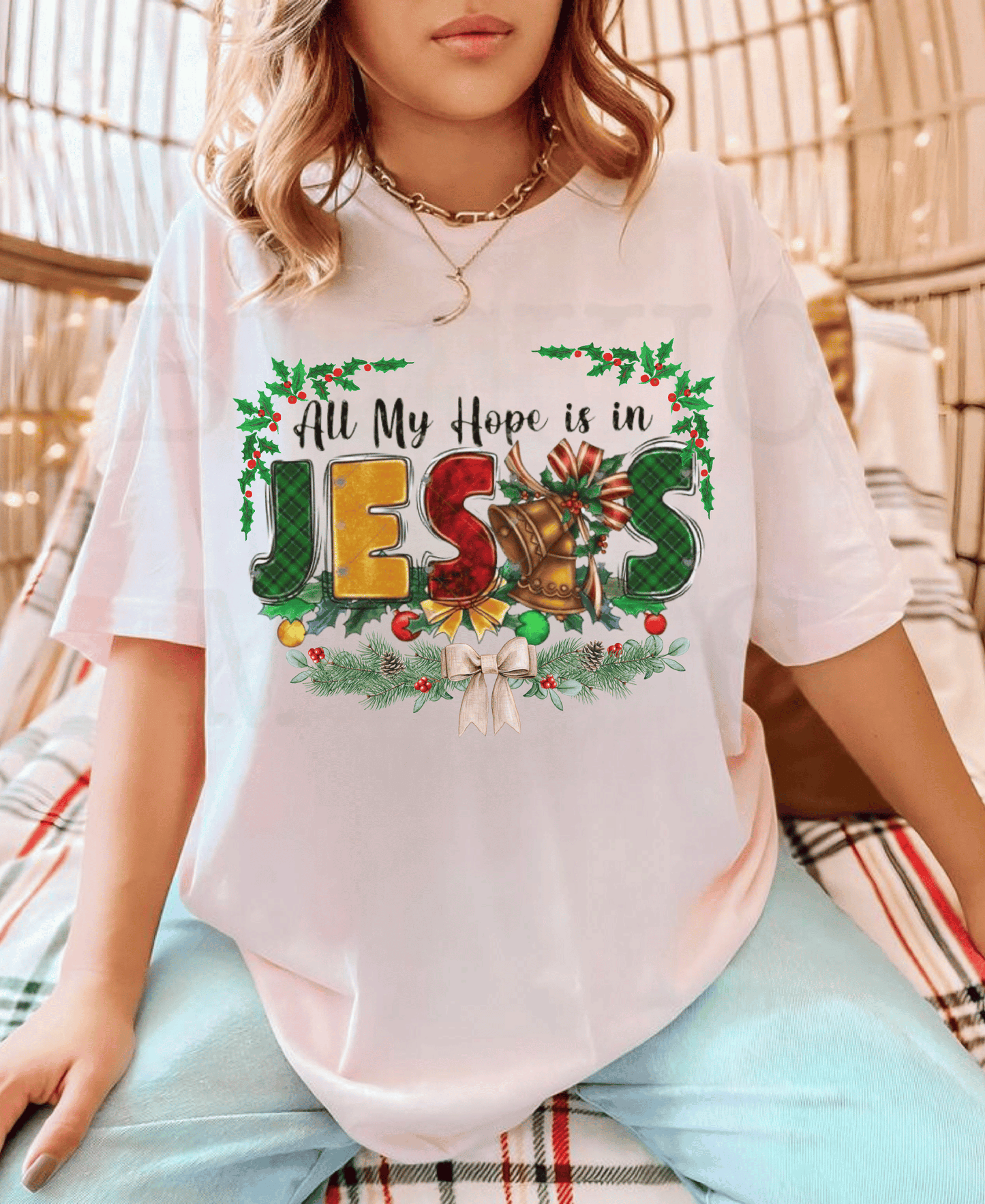Jesus Christian Shirt with "All My Hope is in Jesus" printed design, oversized fit, perfect Christmas gift.