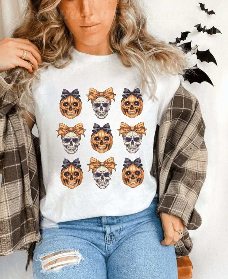 Unisex Halloween Skull Shirt with retro skull and pumpkin design, perfect for spooky season.
