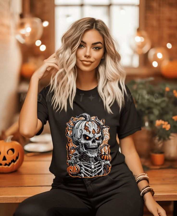 Halloween Skeleton Shirt featuring a spooky skull and pumpkin design, perfect for Halloween festivities.