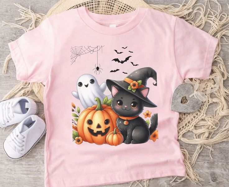 Halloween Cat Kids Shirt featuring a cute black cat in a witch hat with a pumpkin and ghost design, perfect for autumn.