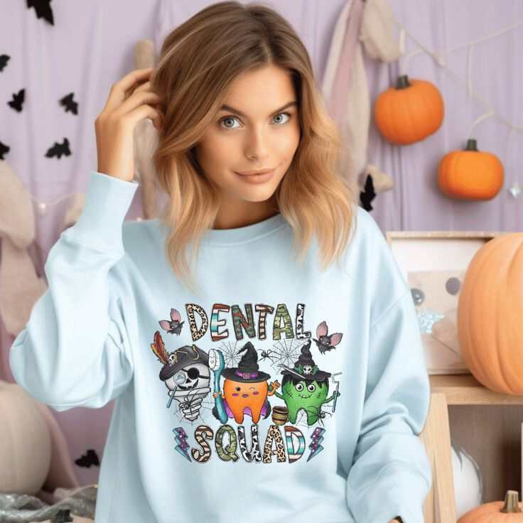 Dental Halloween Sweatshirt with quirky "Dental Squad" design, perfect for spooky festivities.