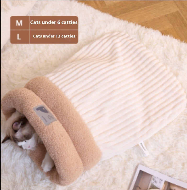 Pet Sleeping Bag Winter Warm Soft Plush Semi-Enclosed Cat Nest