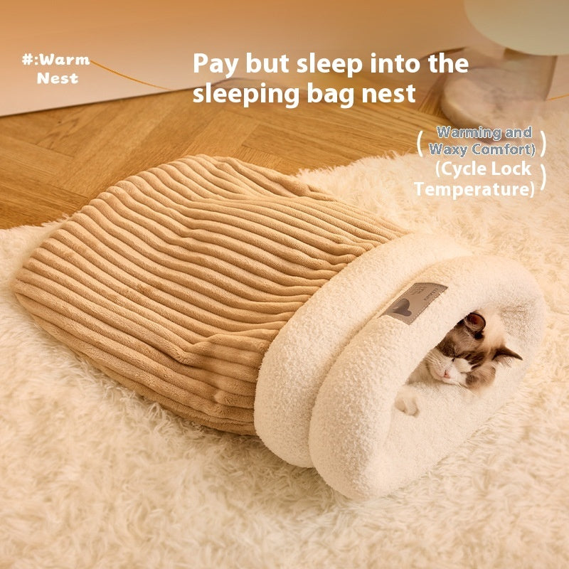 Pet Sleeping Bag Winter Warm Soft Plush Semi-Enclosed Cat Nest