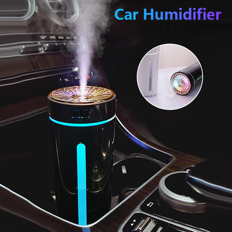 Wireless air humidifier with colorful lights, USB rechargeable, suitable for car use.