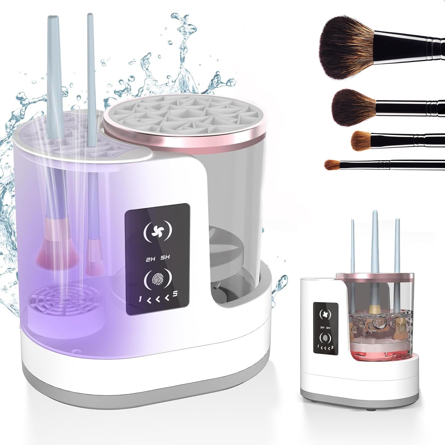 Electric makeup brush cleaner with drying function, rechargeable and automatic for easy brush maintenance.