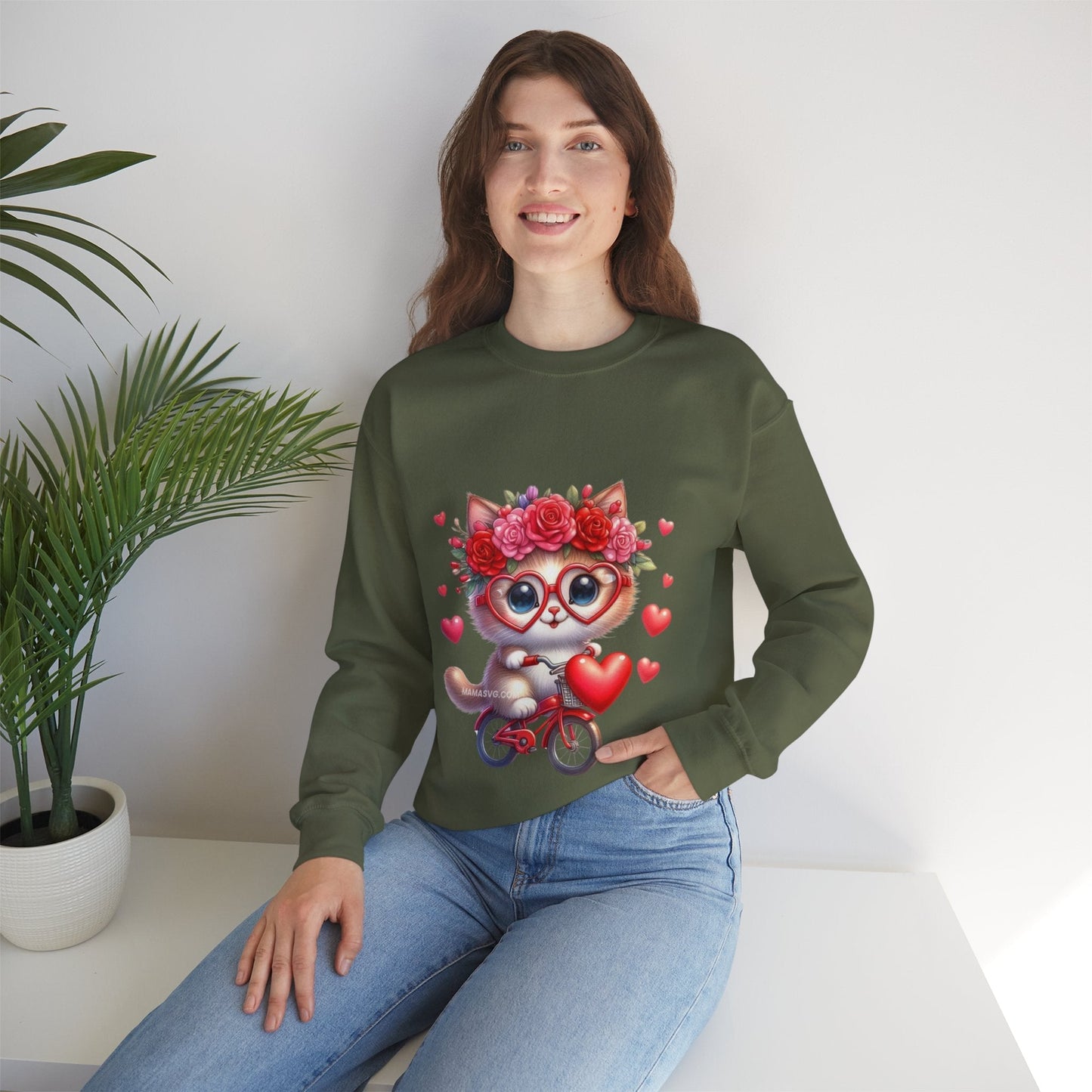 Biker Cat Cycling Hearts Sweatshirt, Valentines Cat Lover Gift