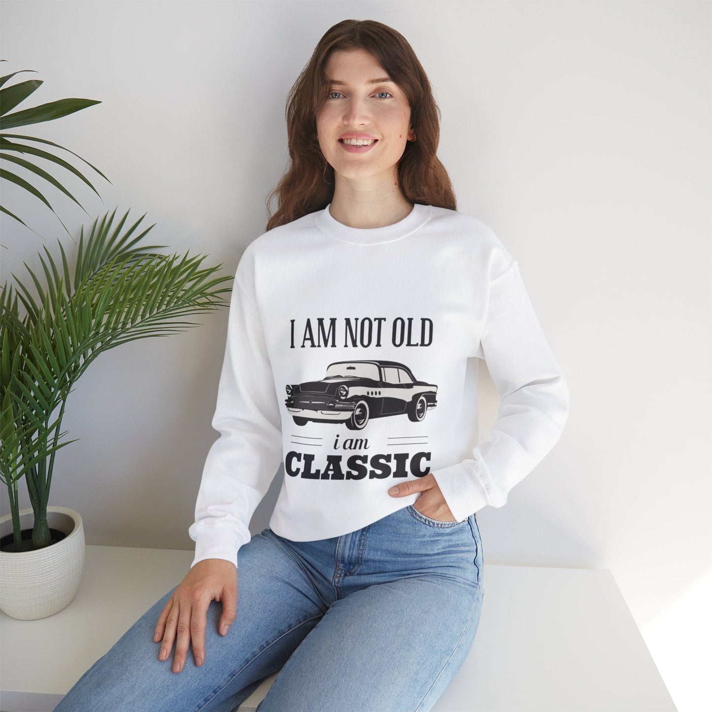 Vintage Classic Car Crewneck Sweatshirt with "I Am Not Old, I Am Classic" design.