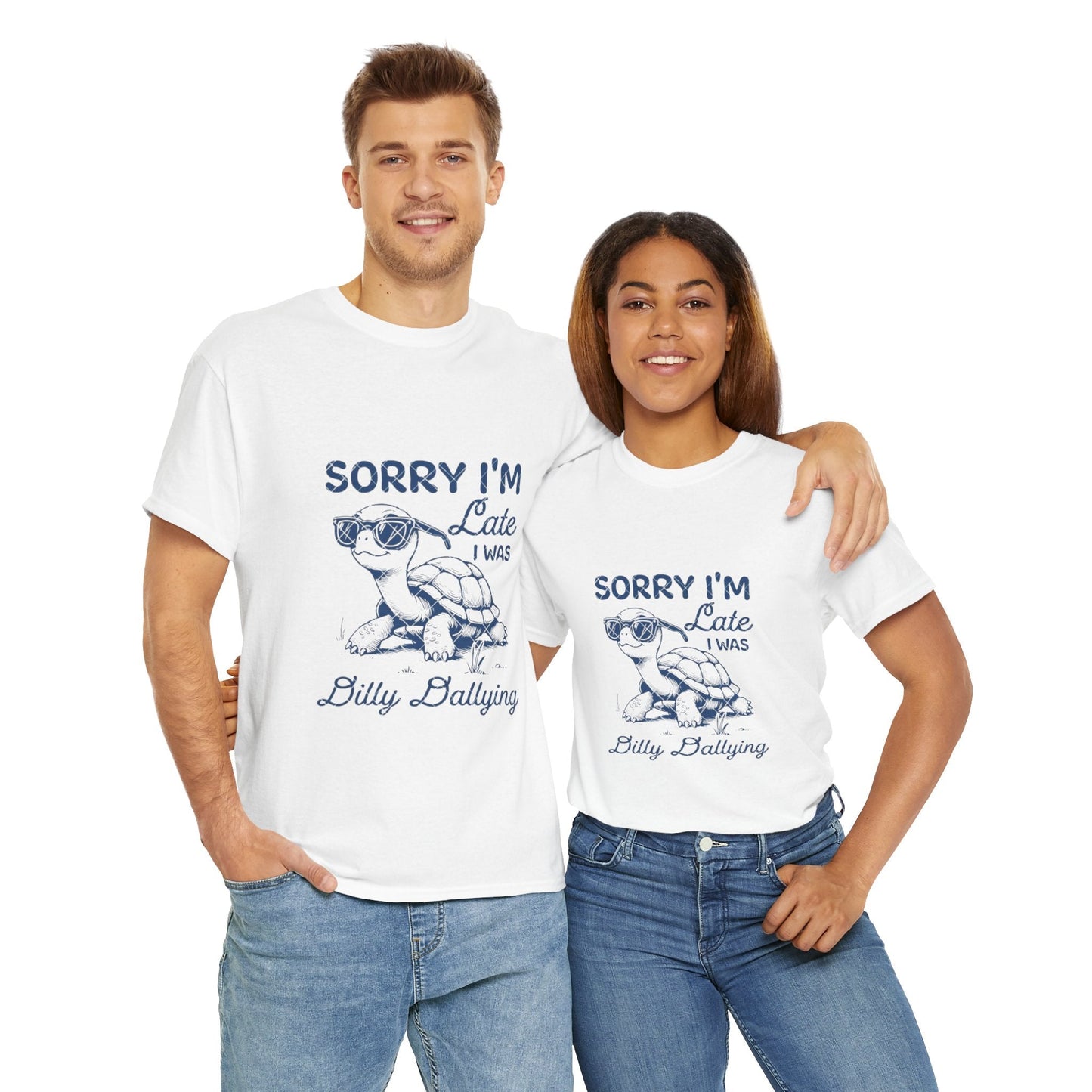 Funny Turtle Tee with 'Sorry I'm Late I Was Billy Dallying' design on unisex cotton shirt.