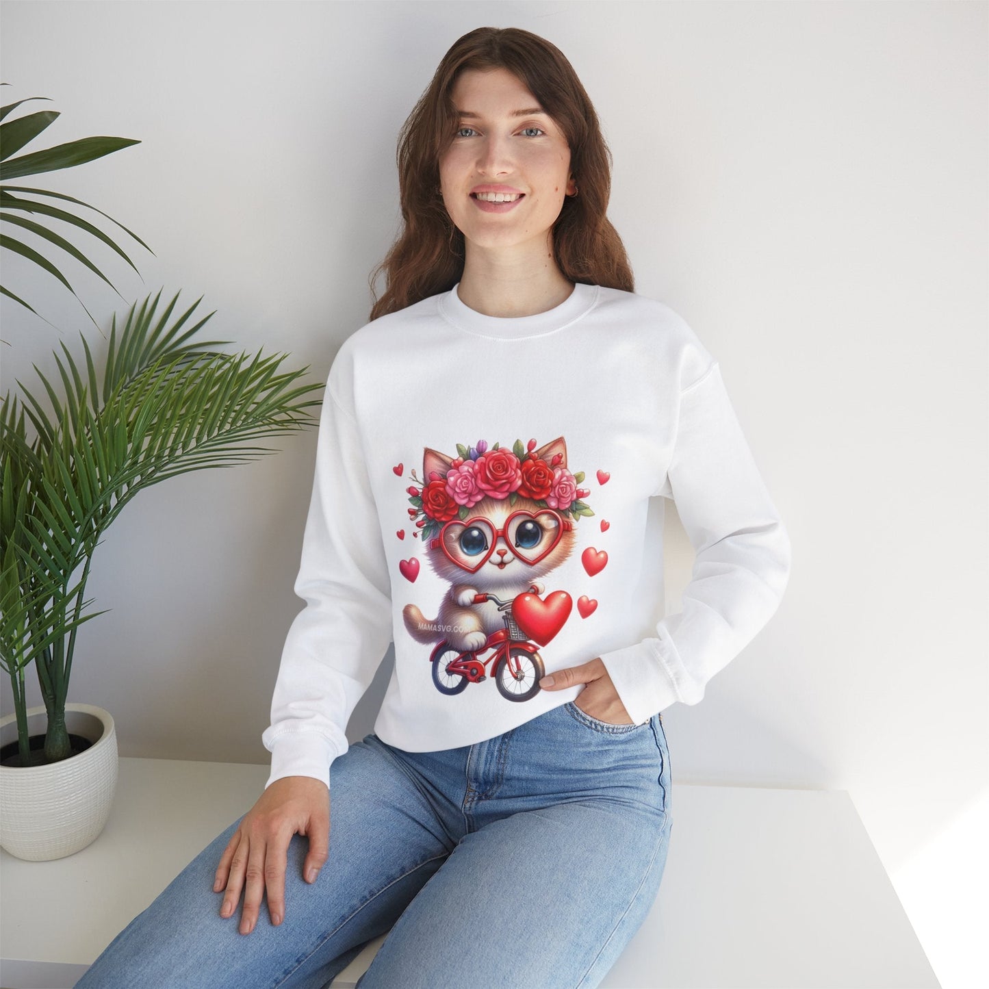 Biker Cat Cycling Hearts Sweatshirt, Valentines Cat Lover Gift