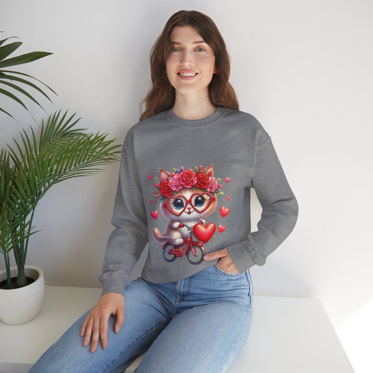 Biker Cat Cycling Hearts Sweatshirt, Valentines Cat Lover Gift