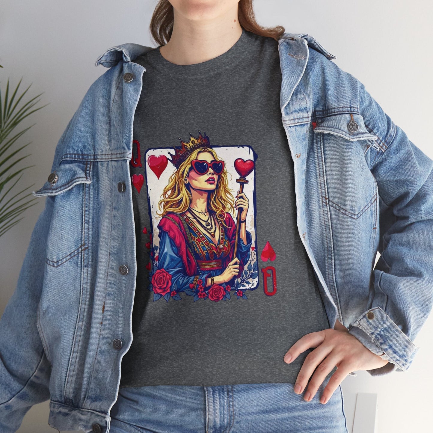 Queen of Hearts Unisex Heavy Cotton Tee - Bold Graphic T-Shirt for Card Game Lovers