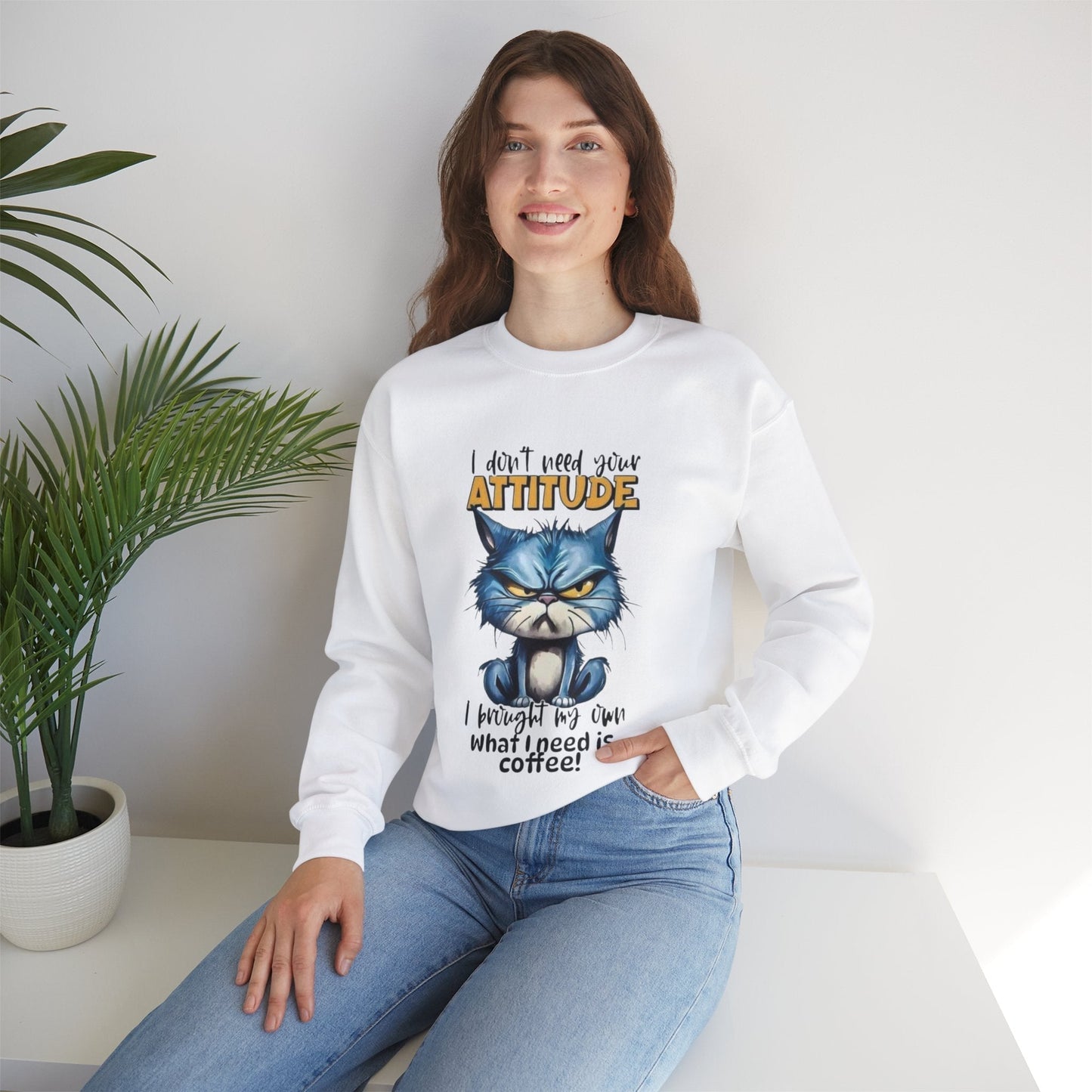 Cozy unisex crewneck sweatshirt with funny coffee attitude design.