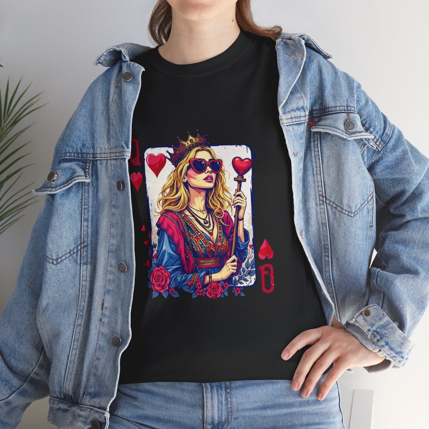 Queen of Hearts Unisex Heavy Cotton Tee - Bold Graphic T-Shirt for Card Game Lovers