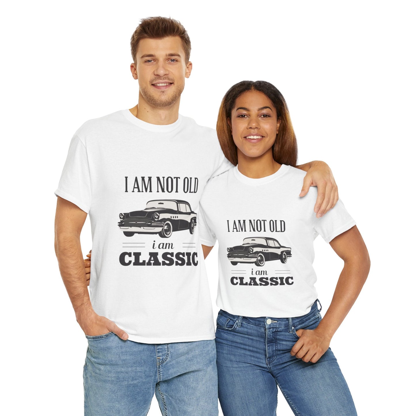 Classic Car Unisex Heavy Cotton Tee with 'I Am Not Old, I Am Classic' design worn by a man and woman.