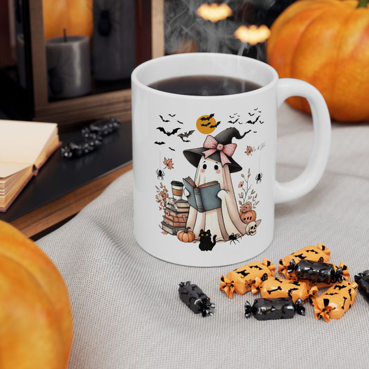 Ghost Book Mugs, Ghost Reading Halloween Mugs with Coffee