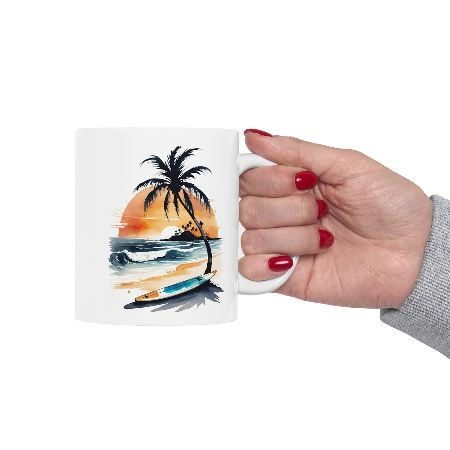 Tropical Sunset Ceramic Mug, Beach-Inspired Coffee Cup, Perfect Gift for Surf Lovers