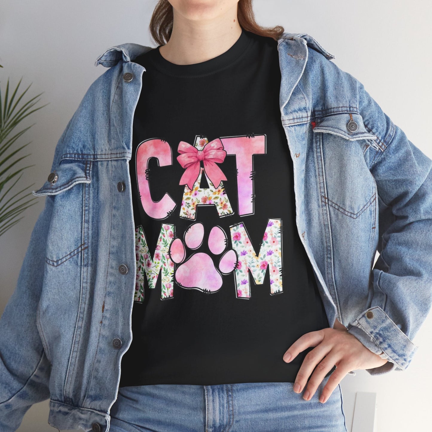 Cat Mom Unisex Heavy Cotton Tee - Floral Design for Pet Lovers