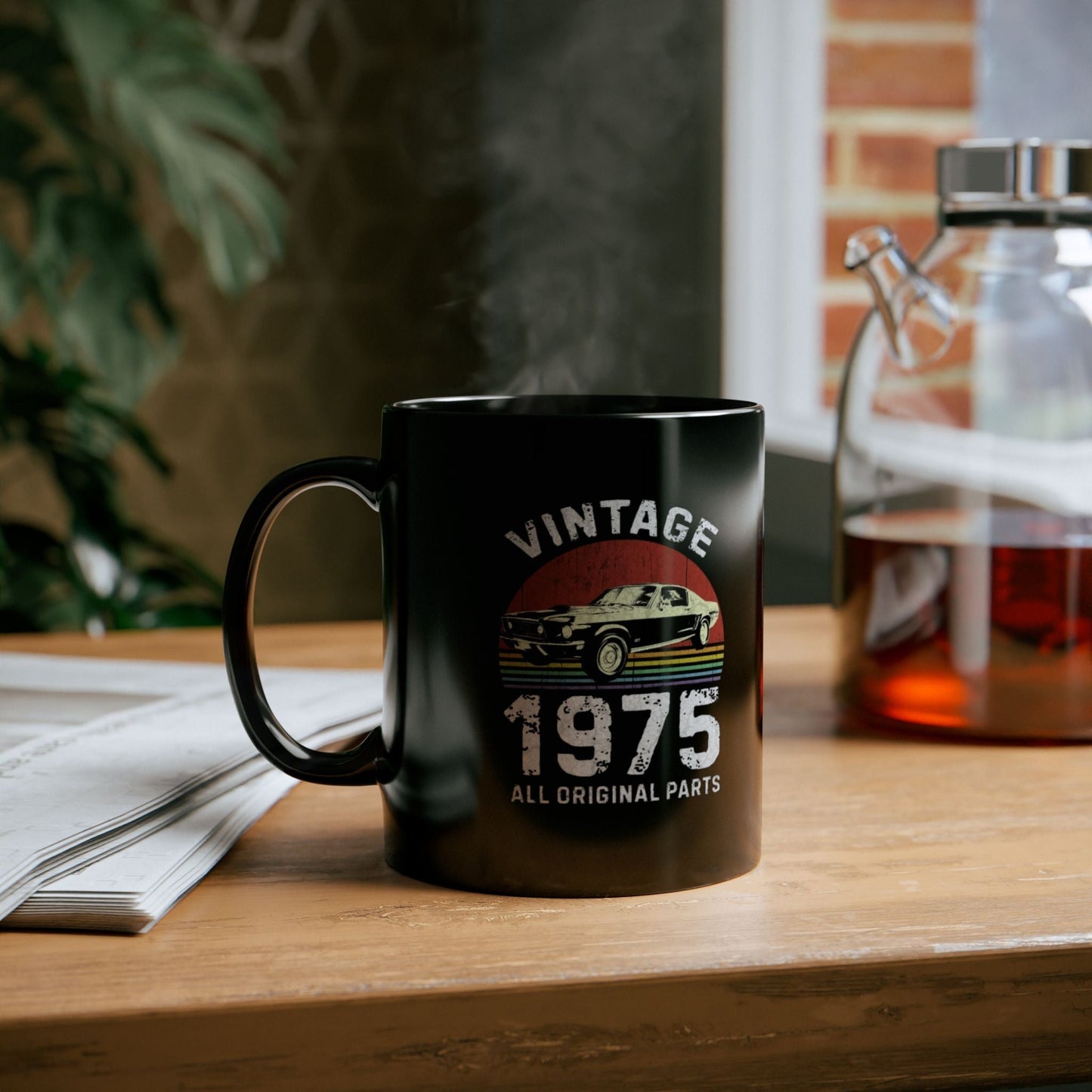 Vintage Car Enthusiast Mug with 1975 Design, Glossy Black Ceramic, 11oz or 15oz