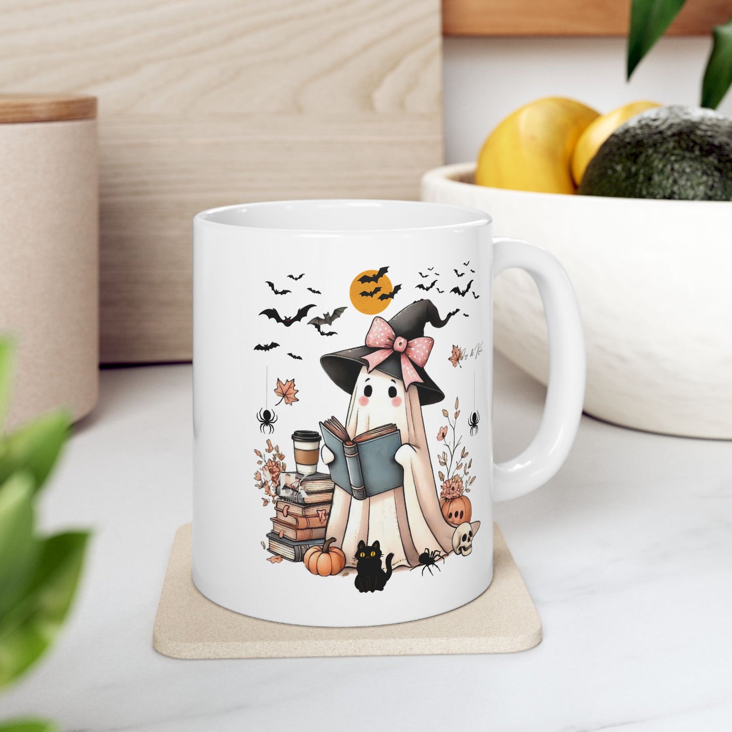 Ghost Book Mugs, Ghost Reading Halloween Mugs with Coffee