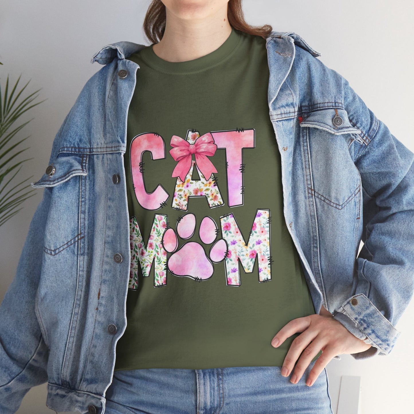 Cat Mom Unisex Heavy Cotton Tee - Floral Design for Pet Lovers