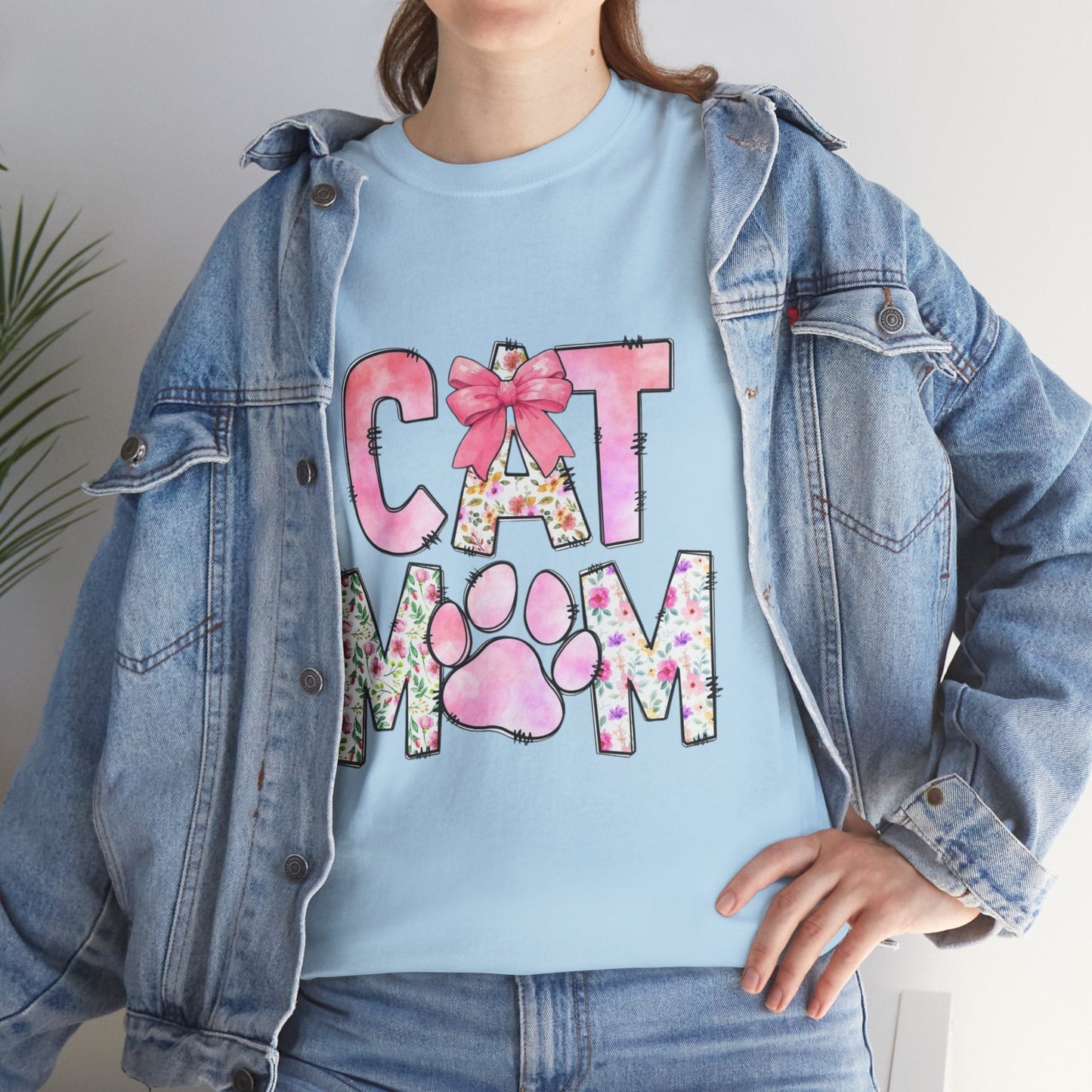 Cat Mom Unisex Heavy Cotton Tee - Floral Design for Pet Lovers