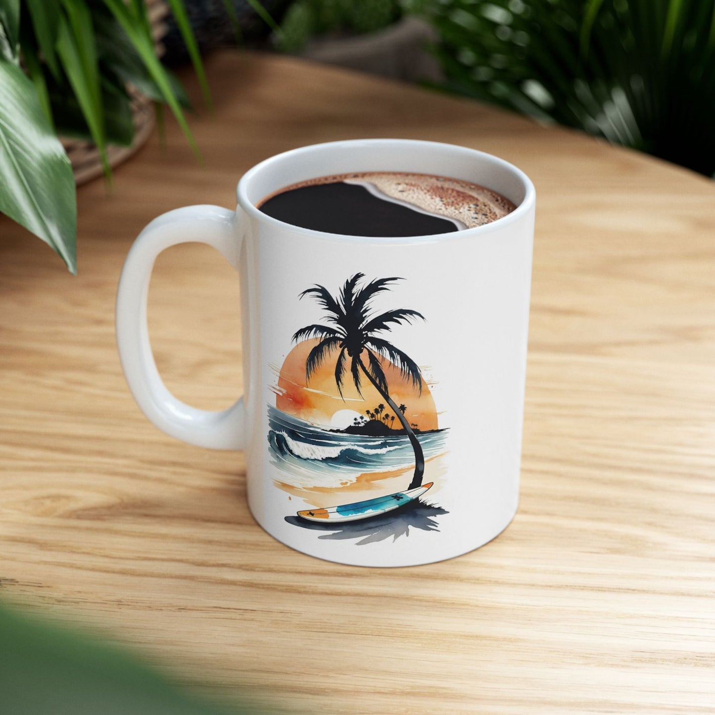 Tropical Sunset Ceramic Mug, Beach-Inspired Coffee Cup, Perfect Gift for Surf Lovers