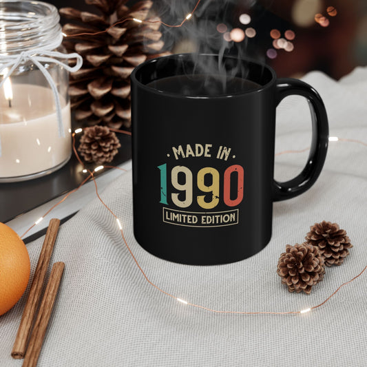 Limited Edition 1990 Black Coffee Mug with vibrant colors and modern glossy ceramic finish, perfect for milestone birthdays.