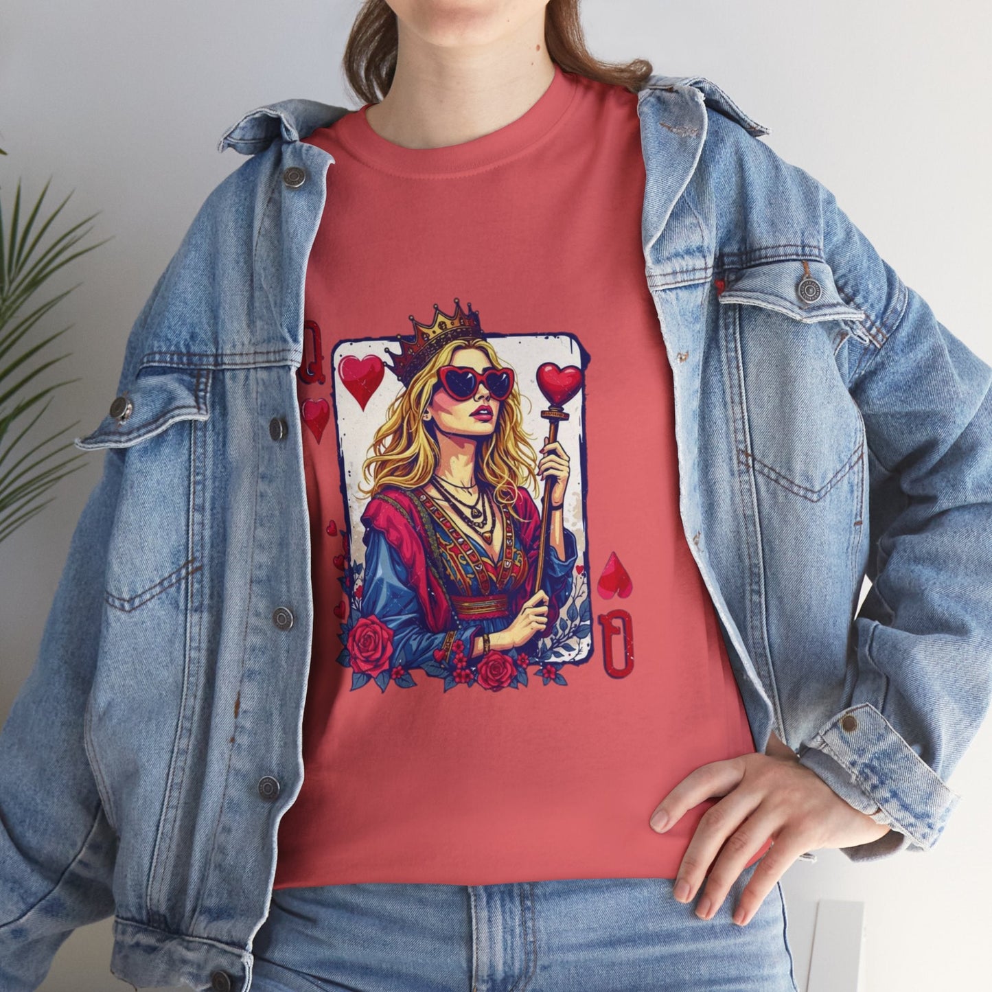 Queen of Hearts Unisex Heavy Cotton Tee - Bold Graphic T-Shirt for Card Game Lovers