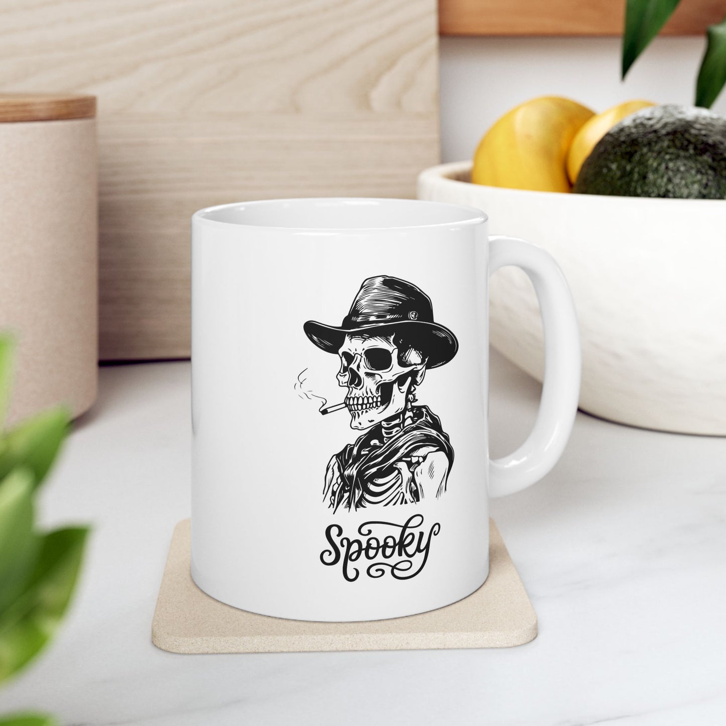 Spooky Season Skeleton Mugs, Cool Skeleton Smoking Cigarette Mugs, Pumpkins Halloween Mugs, Spooky Skeleton Design, Halloween Party Mugs, Trendy Fall Tee