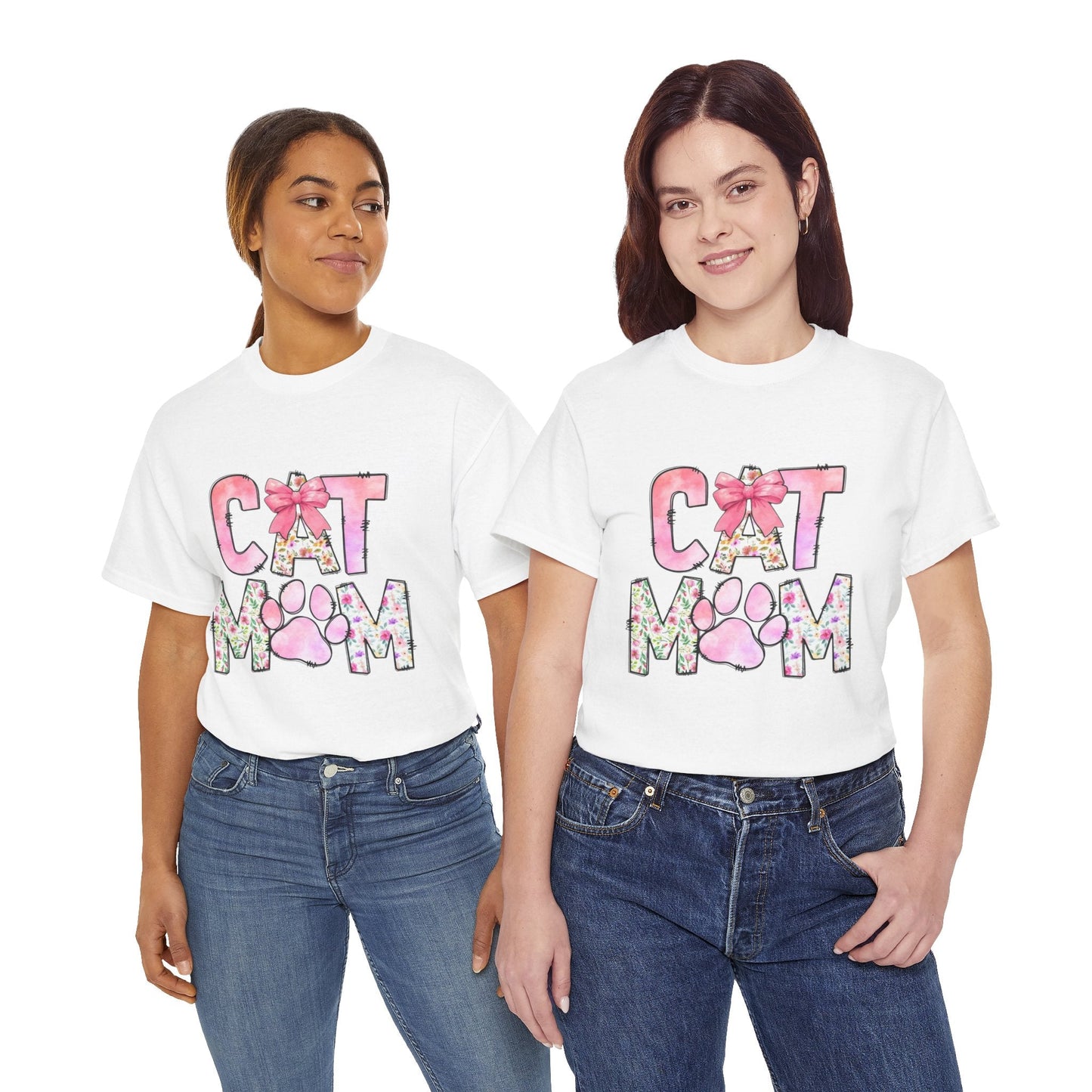 Cat Mom Unisex Heavy Cotton Tee - Floral Design for Pet Lovers
